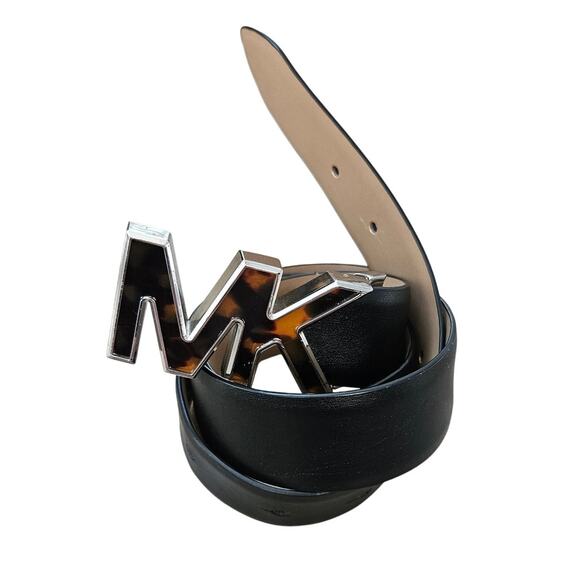 Michael Kors Black Leather Belt sz Small Silver Tone Buckle Tortoise Signature - Picture 1 of 8